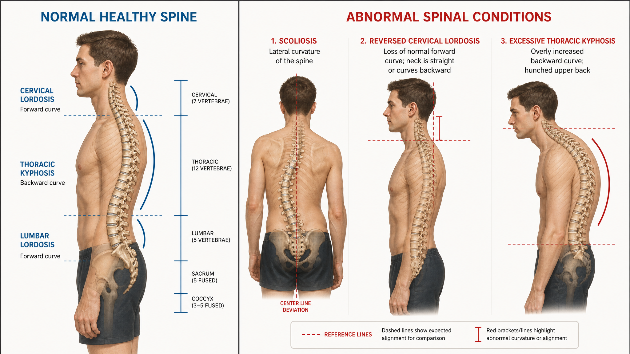 Side-by-side anatomical comparison of a normal spinal contour and an abnormal spinal contour with reversed lordosis and scoliosis