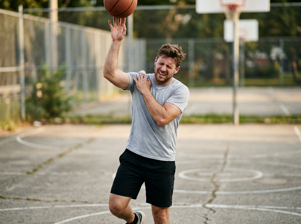 A white male veteran at a basketball court reaching up and suddenly grabbing his shoulder as it dislocates during the motion