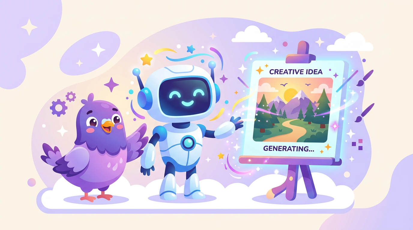 Pigeon mascot with a friendly AI robot generating a picture on a magic canvas