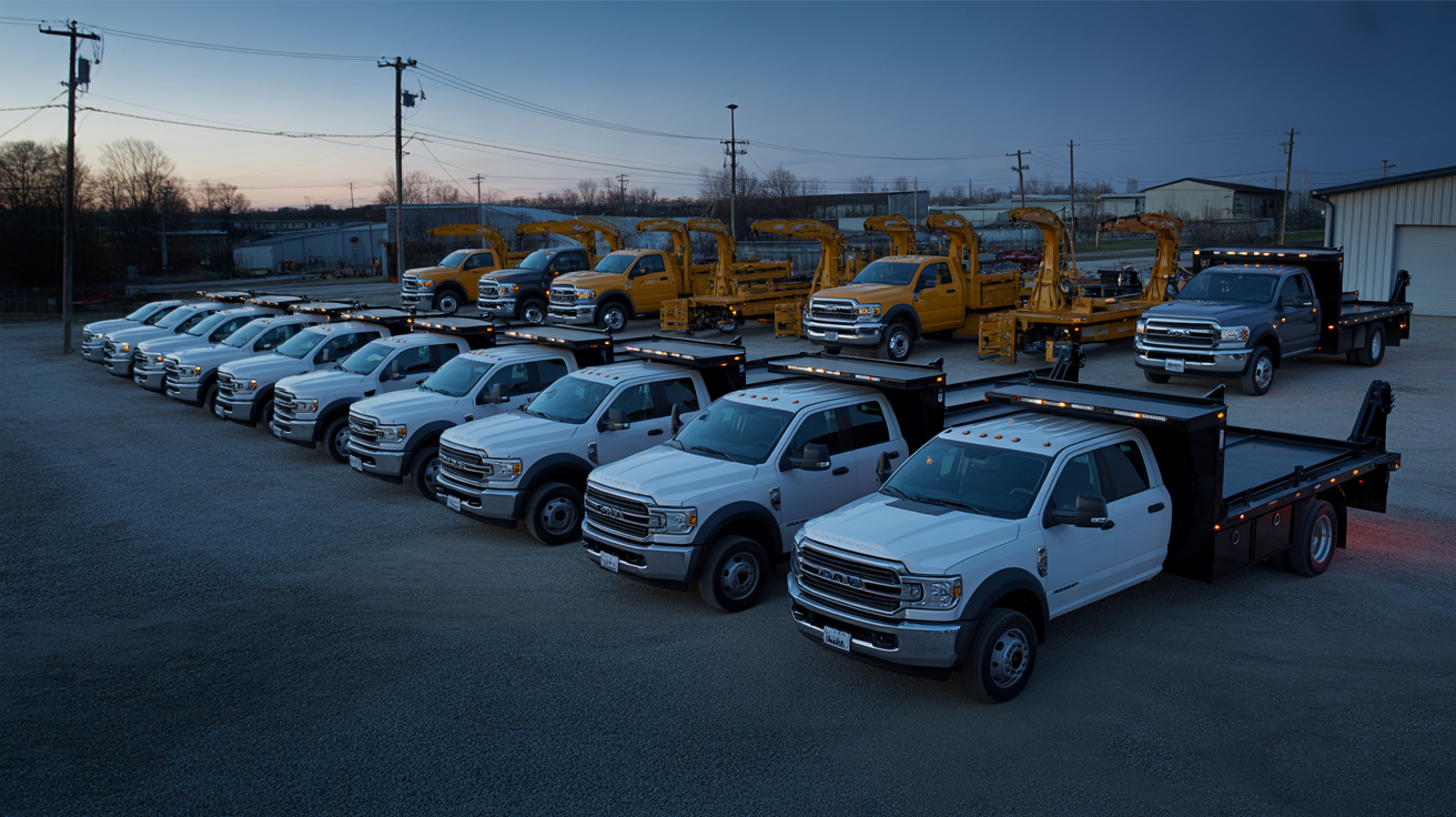 Fleet of commercial work trucks at contractor yard