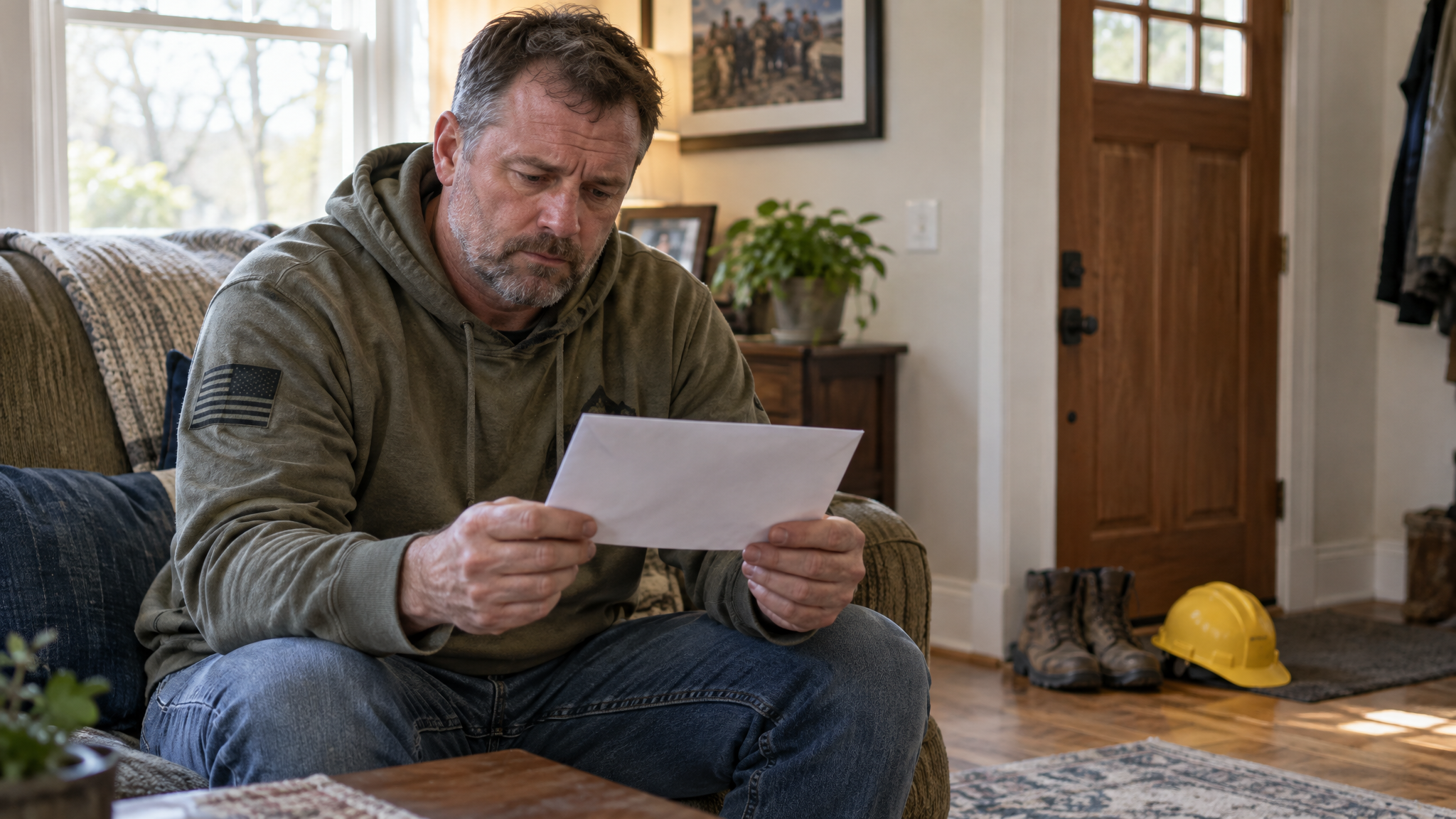What TDIU pays: a veteran who can no longer work holding his VA benefits letter, work boots set aside
