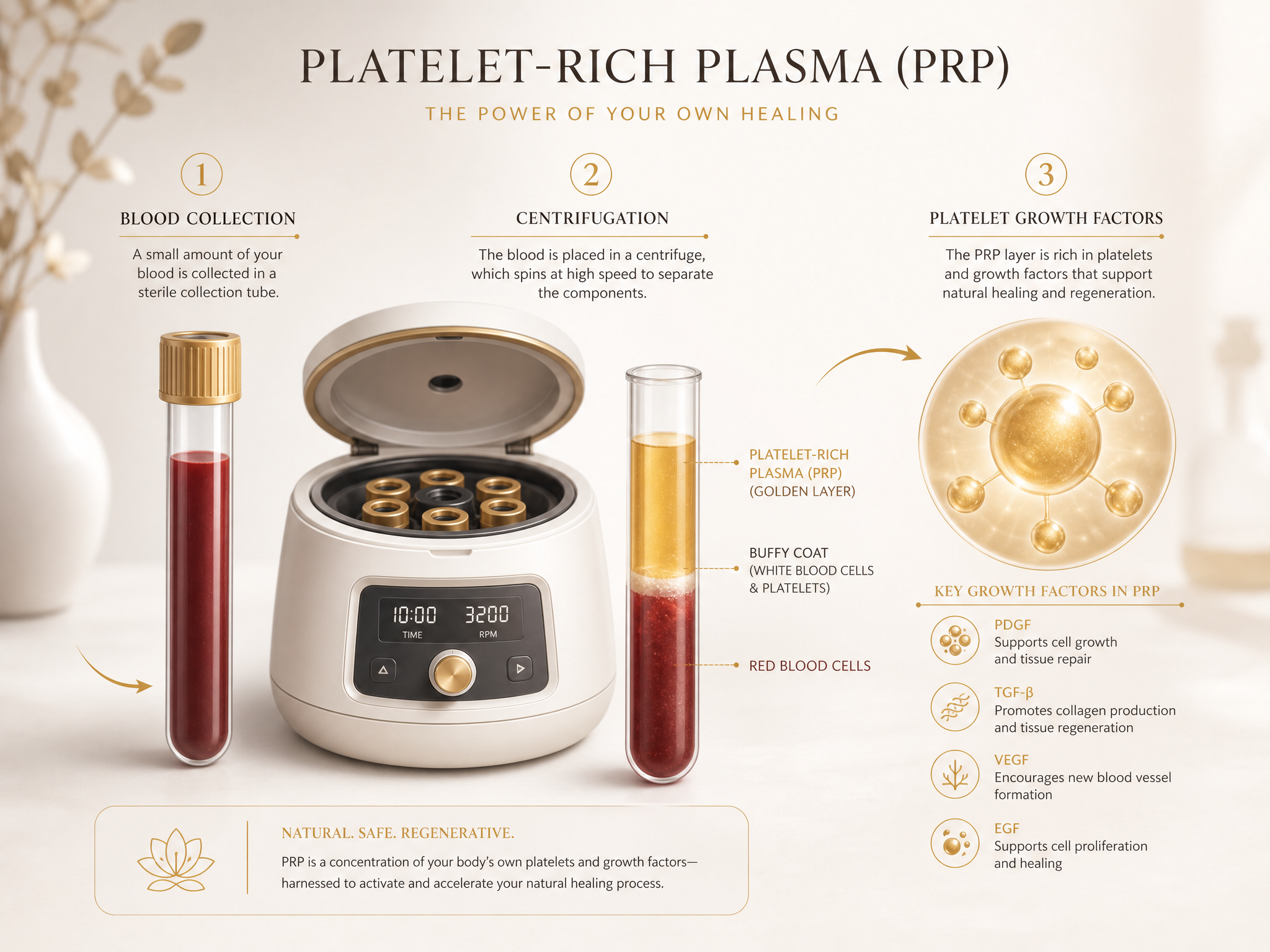 Illustration of Platelet-Rich Plasma (PRP) preparation and growth factors