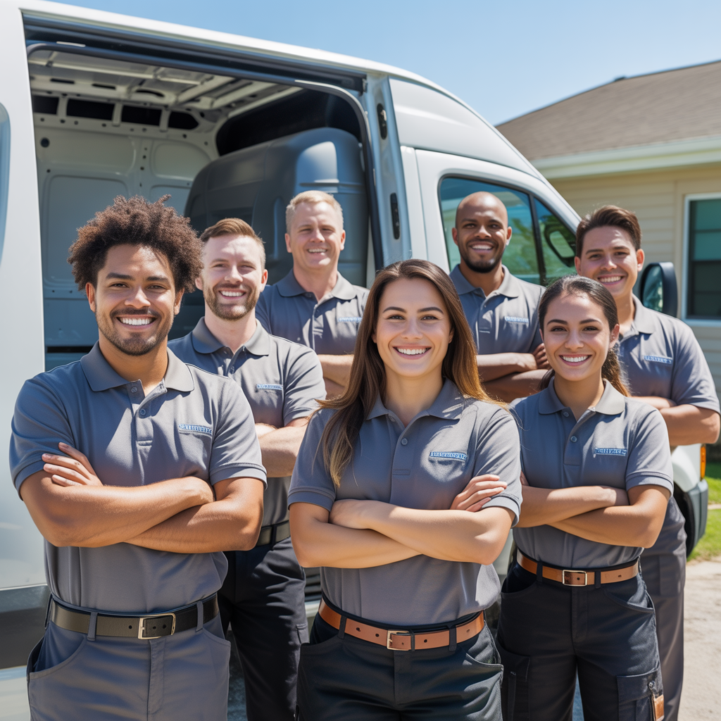 Diverse team of Exclusive HVAC Services technicians in front of service van