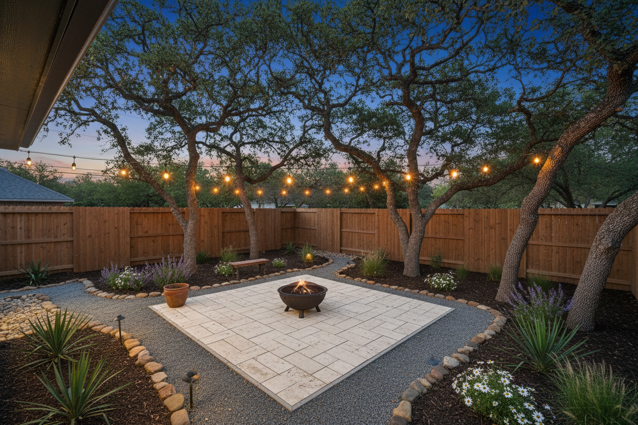 Twilight backyard with limestone patio, string lights, and xeriscape landscaping in Northwest Austin