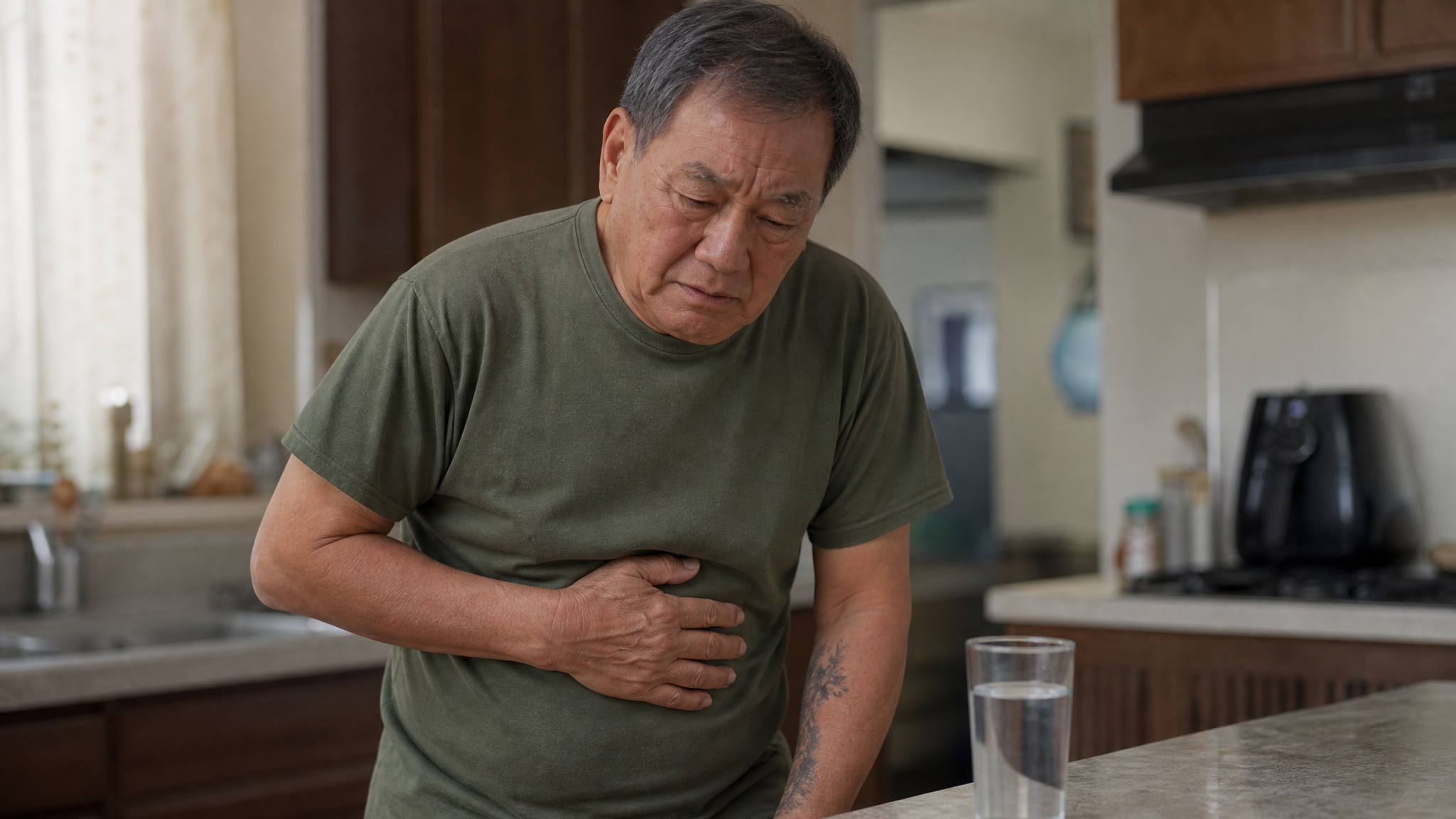 East Asian male veteran in a kitchen feeling nauseous with a hand on his stomach