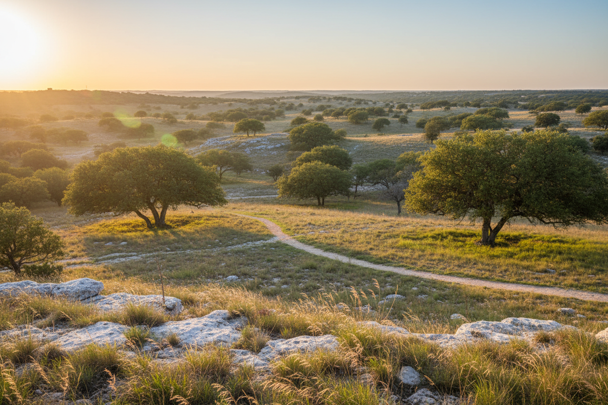 Golden-hour Central Texas landscape near Leander with rolling terrain, live oak trees, and limestone outcrops