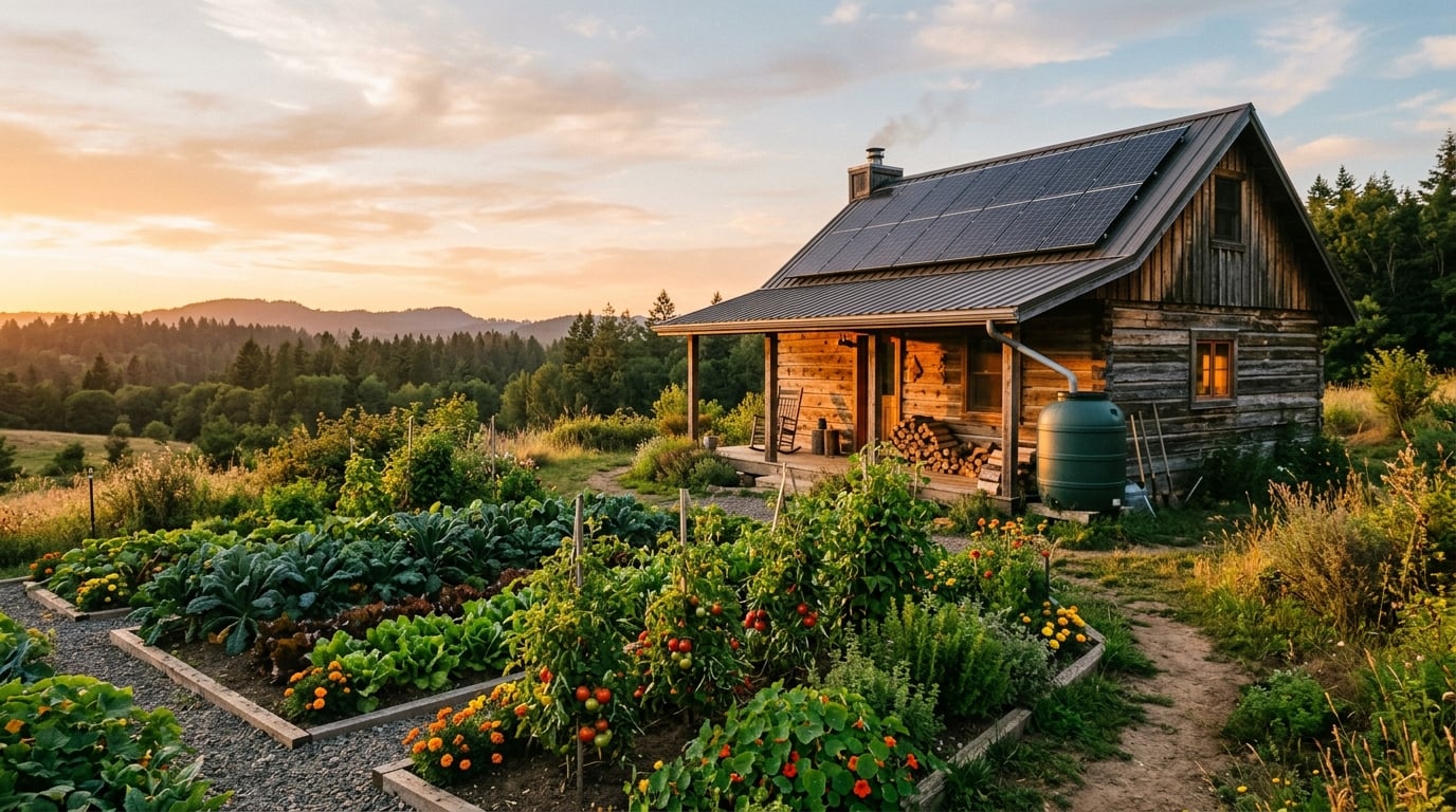 Serene off-grid homestead at golden hour with solar panels, a rainwater barrel and a flourishing vegetable garden