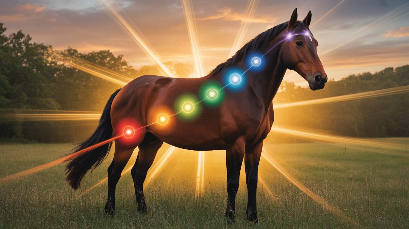 Konj sa vidljivim čakrama od repa do glave u prirodnom okruženju. Čakre kod konja energija životinja konj čakre balans energije priroda duhovna energija