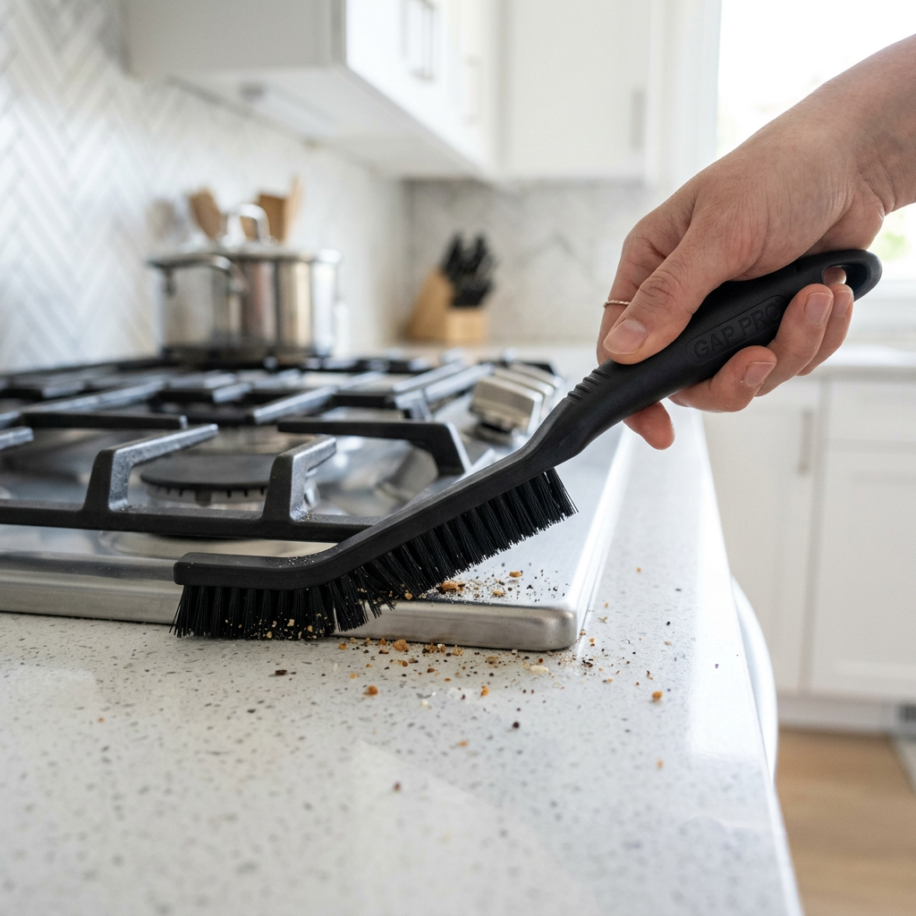 Crevice brush cleaning the gap beside a kitchen stove