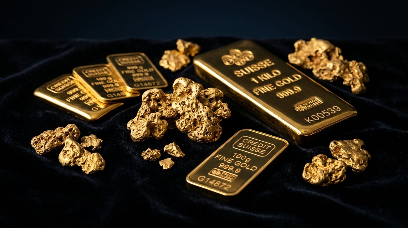 Raw gold nuggets and bullion bars