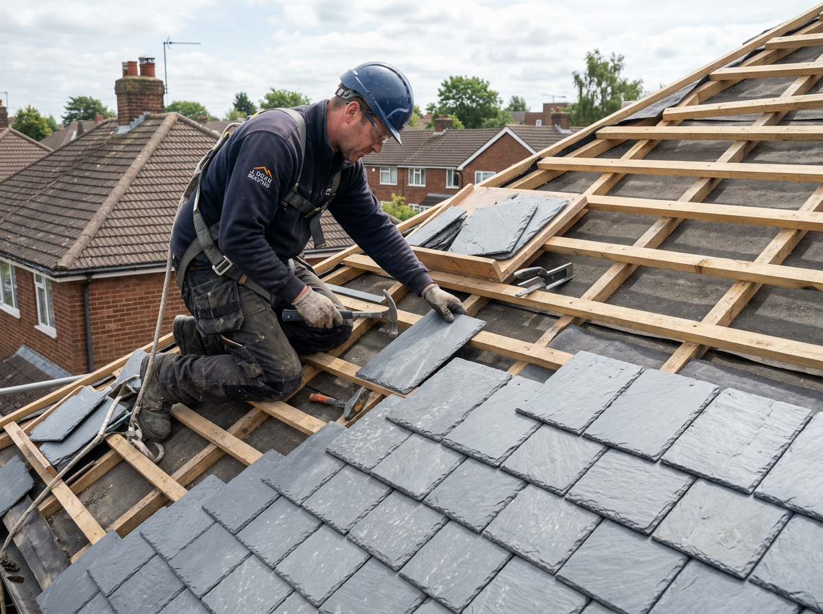 Roofer laying grey slate tiles on a pitched roof