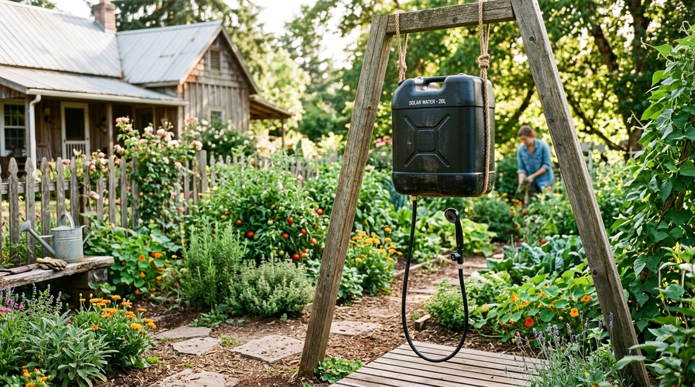 A simple DIY solar shower with a dark water container hung on a wooden frame in a sunny garden