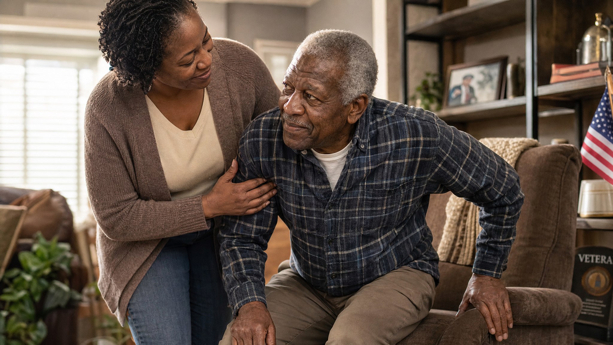 A Black adult-child caregiver gently helping her senior veteran parent up from a chair at home