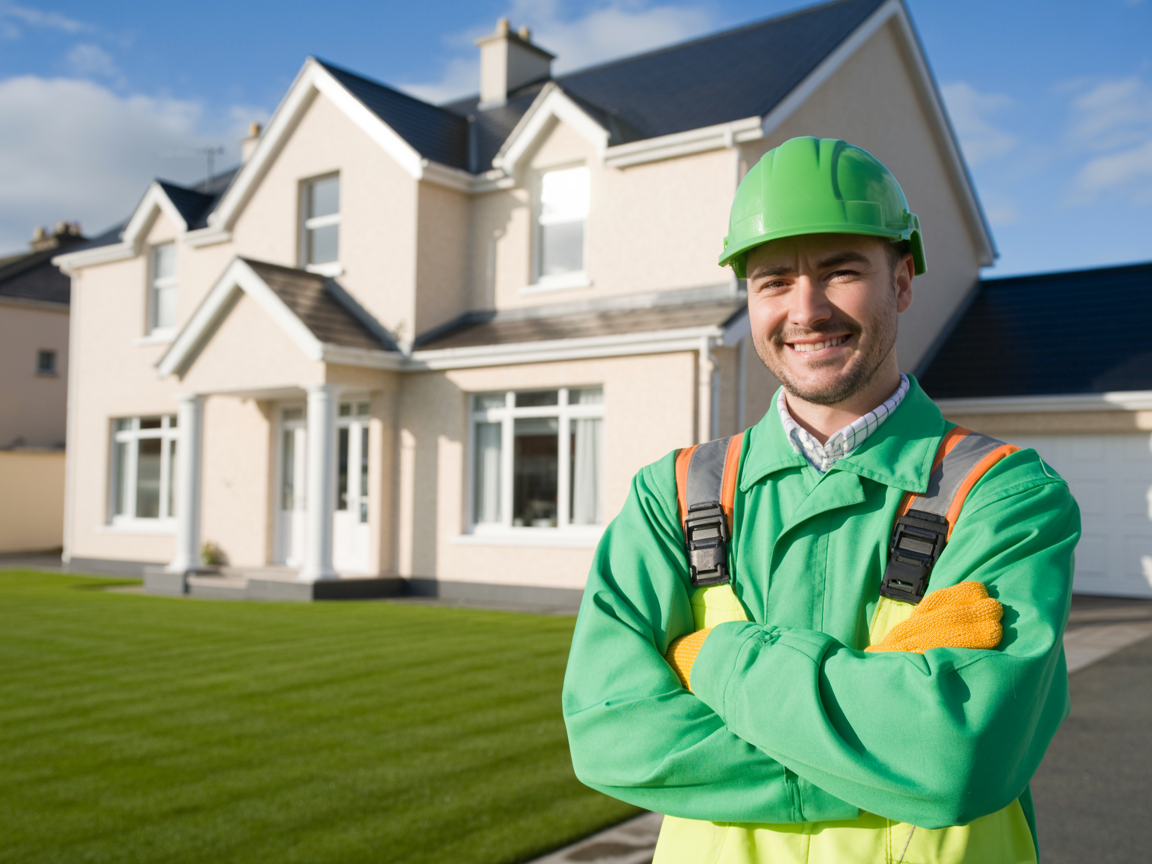 Professional exterior cleaning specialist standing by freshly cleaned Dublin home