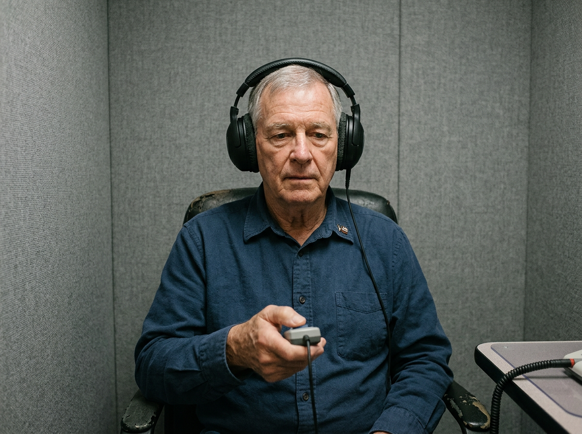 A veteran seated in a sound booth wearing audiometry headphones, pressing a response button