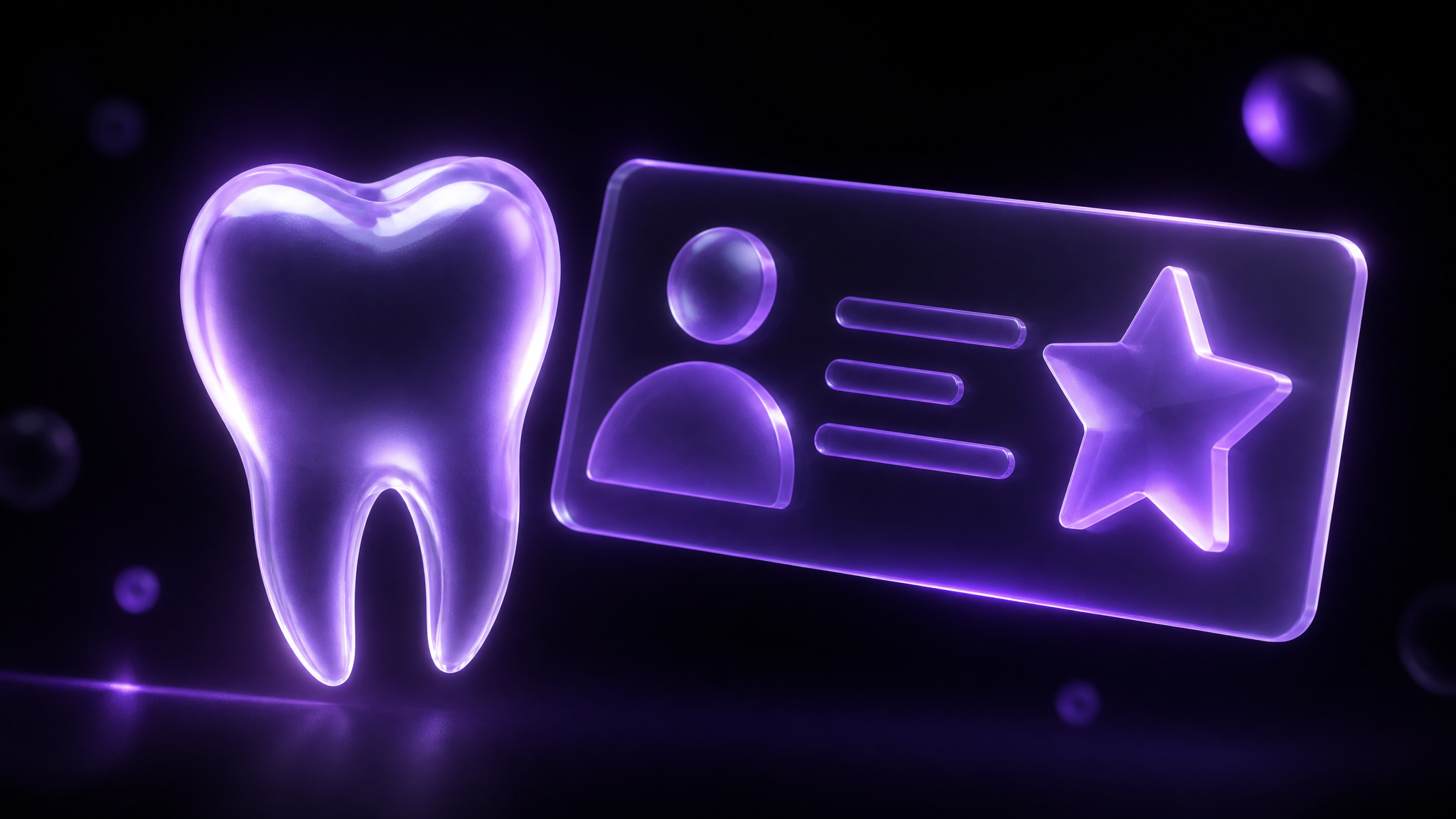 A frosted-glass glowing tooth beside a translucent profile card with a star, floating in the dark