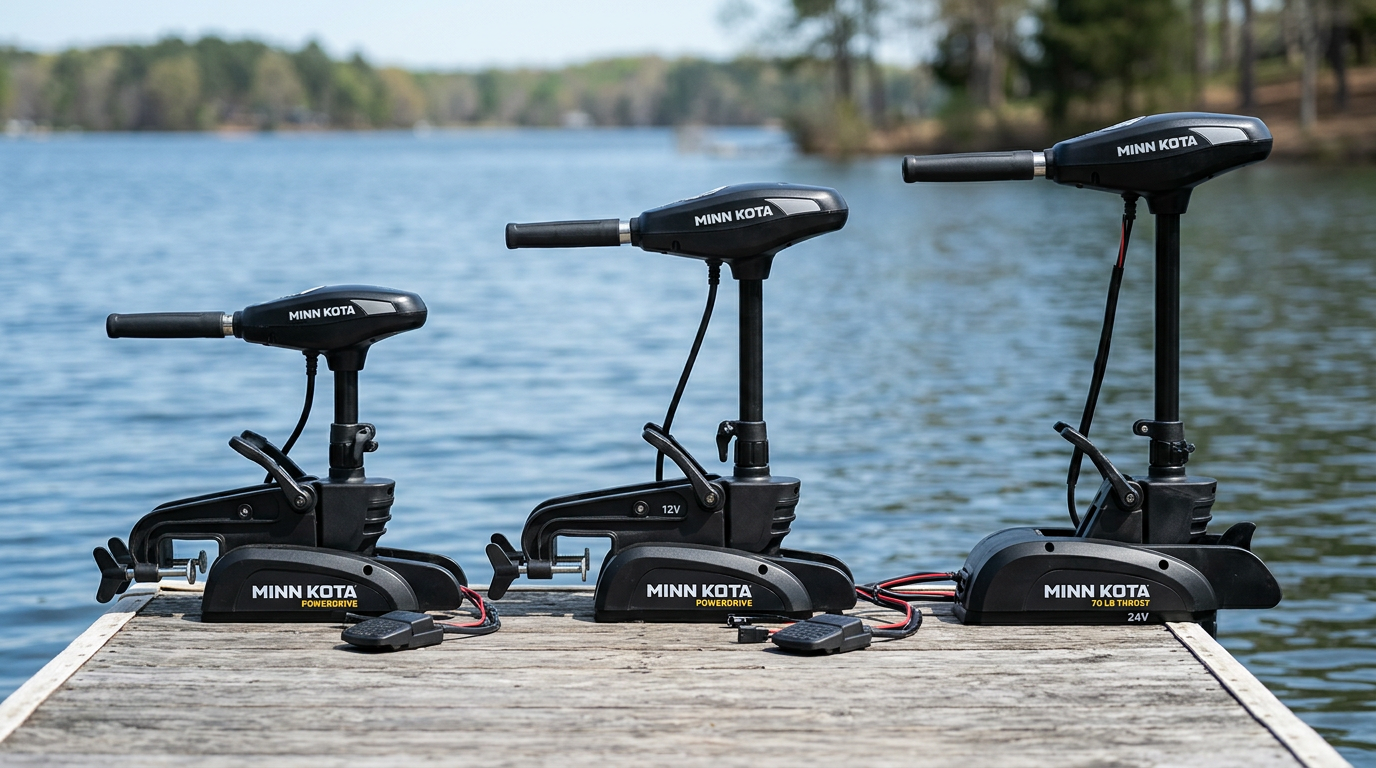 Three Minn Kota PowerDrive trolling motors of different sizes lined up on a dock representing 45, 55 and 70 lb thrust options
