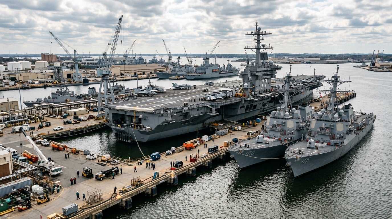 Norfolk Naval Station, Virginia — massive naval base with carriers docked at industrial piers