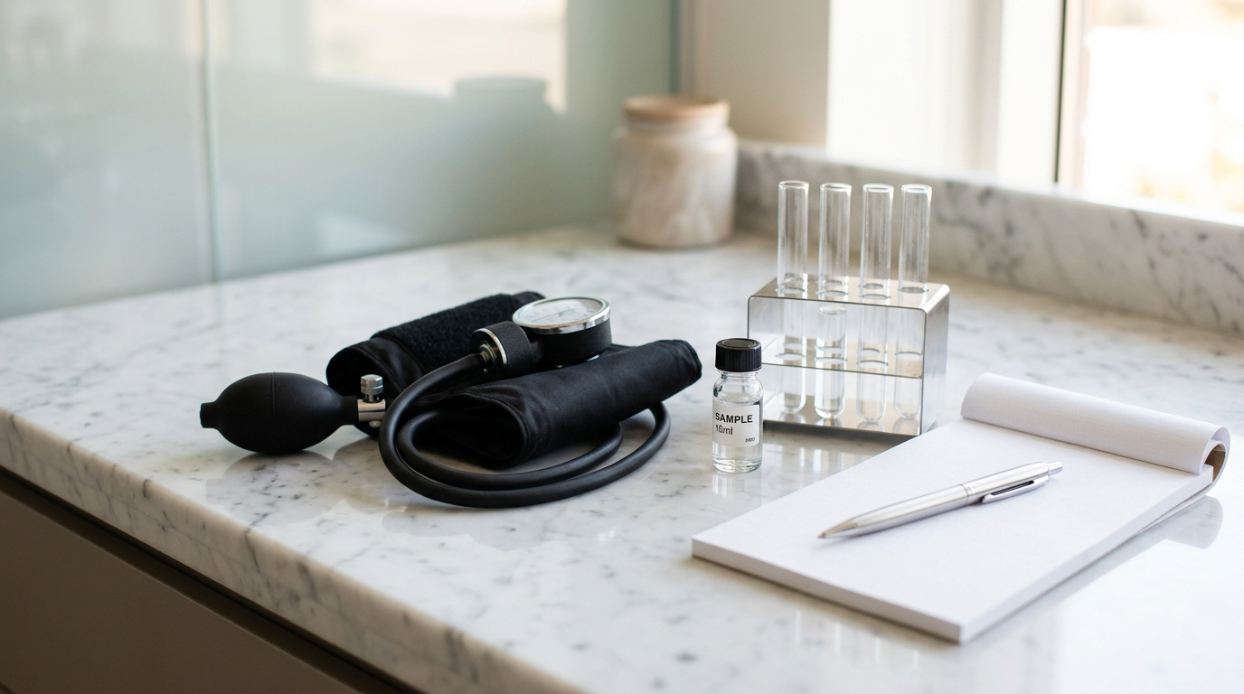 A clean arrangement of a blood pressure cuff, test tubes and a notepad on a white marble surface in bright natural light