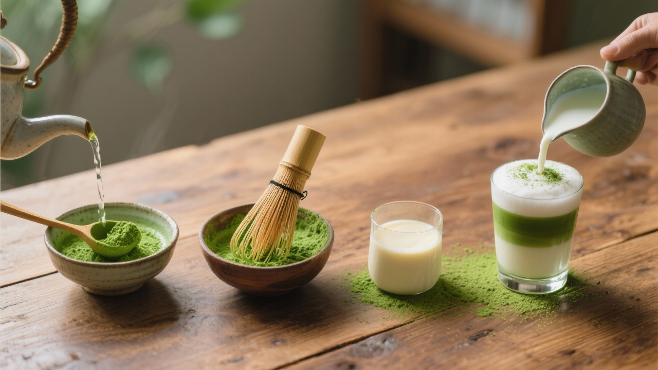 Matcha Latte : La Boisson Tendance 2 matcha latte recette vibrant et crémeux, servi dans une tasse en céramique blanche ou un verre transparent. La boisson présente un vert intense et velouté, surmontée d’une fine couche de mousse laiteuse légèrement dorée. Une poudre de matcha saupoudrée délicatement sur le dessus ajoute une touche élégante. À côté, des accessoires comme un fouet en bambou (chasen), une cuillère à matcha et un pot de poudre de matcha sont disposés pour compléter l’ambiance zen. L’éclairage doux met en valeur les textures riches et les tons apaisants.