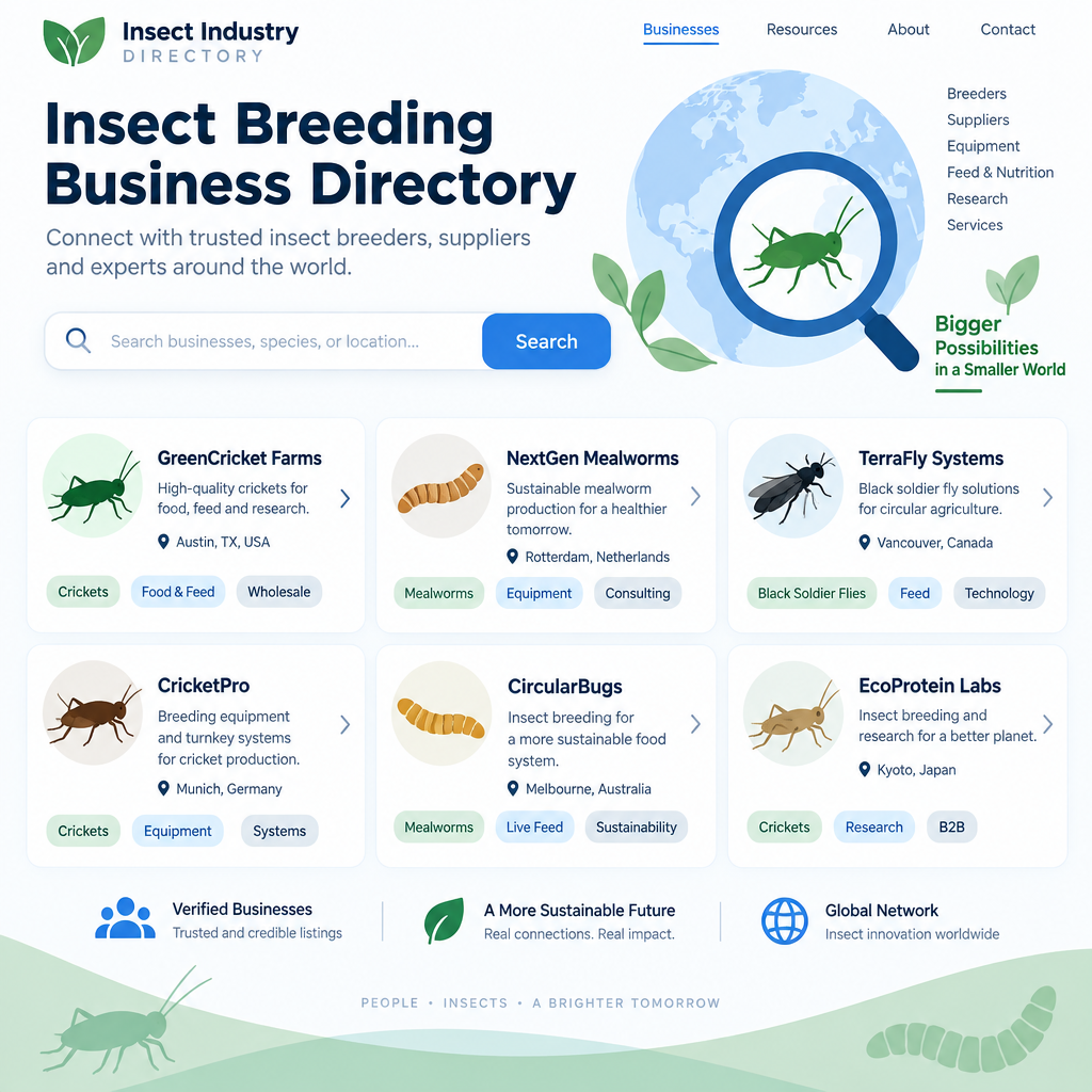 Insect breeding directory - find and list insect breeders, suppliers and equipment providers for crickets, mealworms and cockroaches