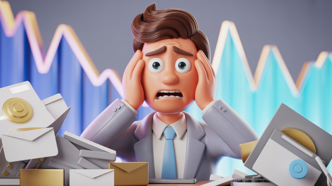 Before: Stressed business owner with messy inbox and low sales