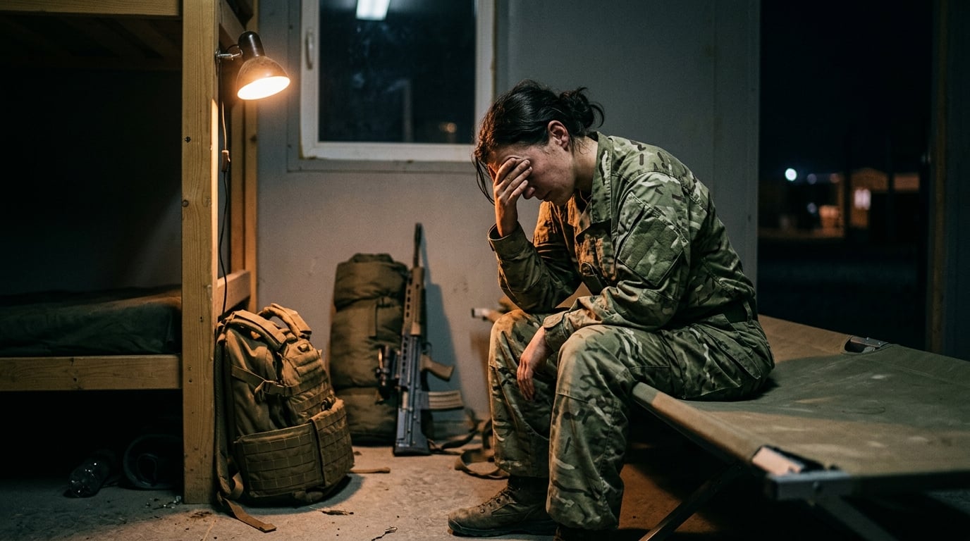 A fatigued woman soldier awake during a night watch shift