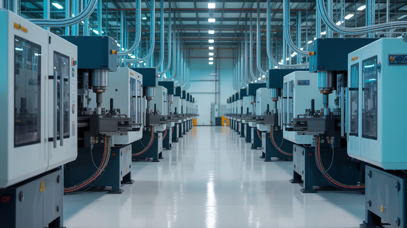 Modern factory interior with injection molding machines