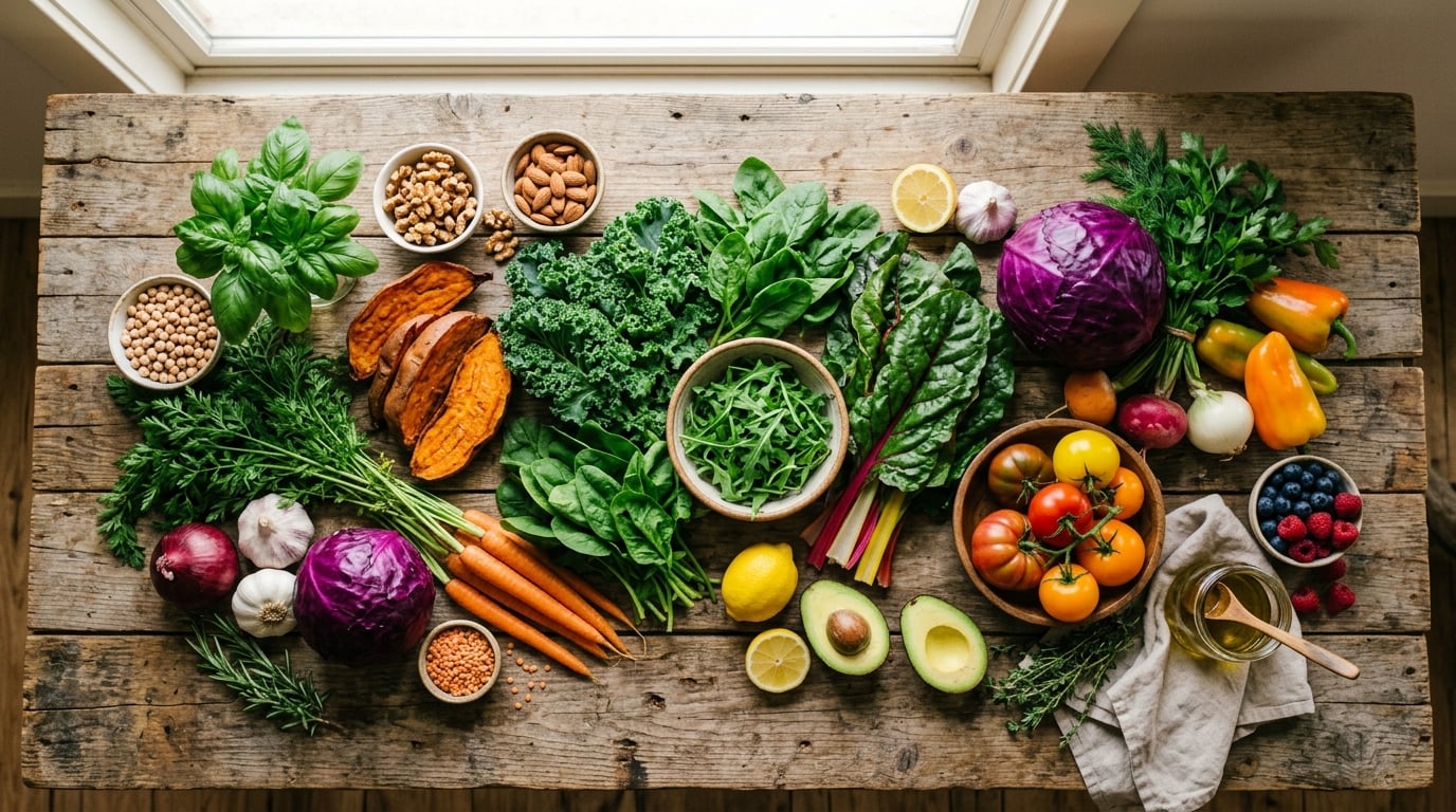 Fresh colourful whole foods and vegetables on a rustic timber table — food investigation is one important pathway