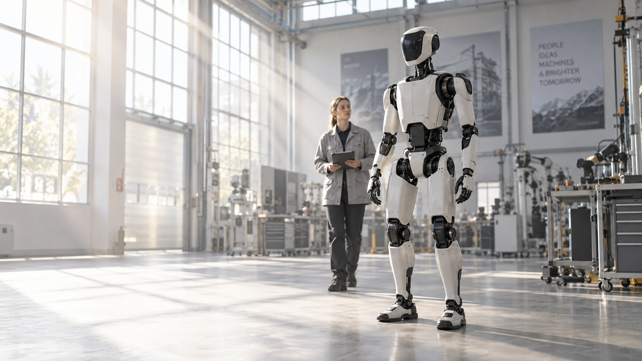 Humanoider Roboter und Technikerin in einer hellen europäischen Werkhalle