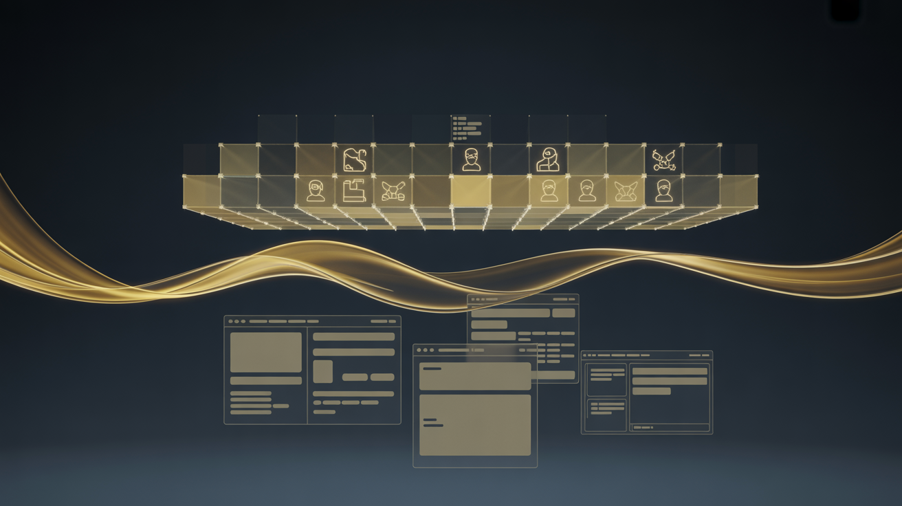 Goldenes Agentic-AI-Raster schwebt als Arbeitslayer über einer darunterliegenden, abgedunkelten Legacy-Software-Ebene – verbunden durch fließende goldene Lichtströme auf tiefem Navy-Hintergrund