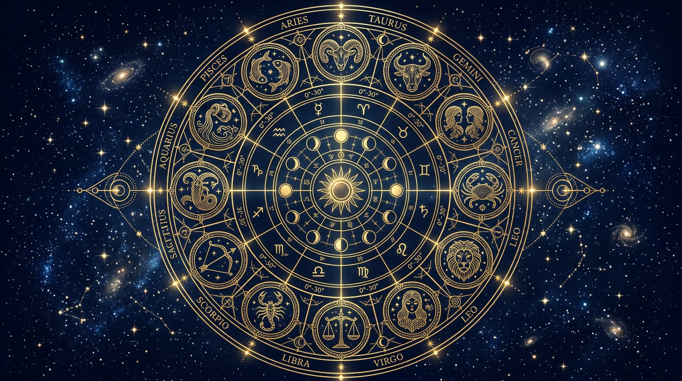 Zodiac wheel with celestial symbols