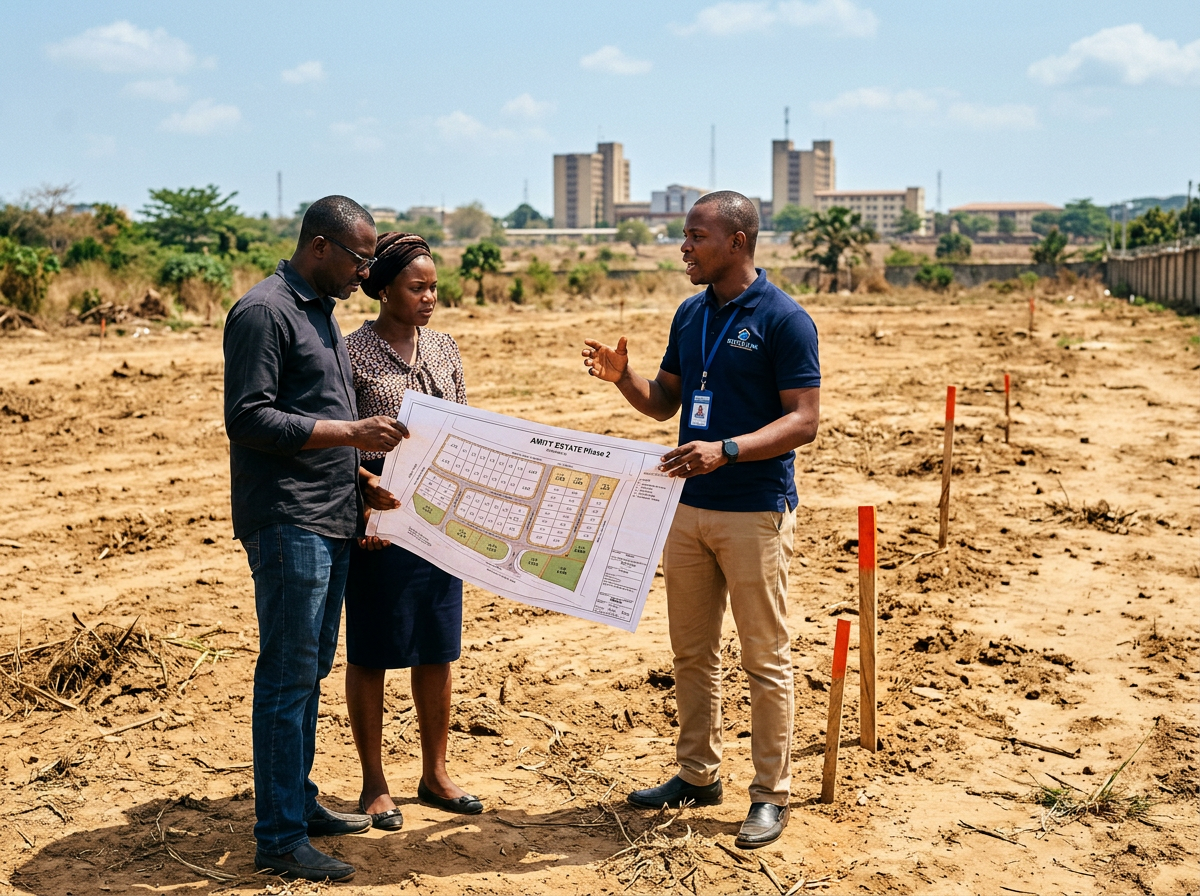 A real estate agent showing a printed site plan to two visitors during a land inspection near a university