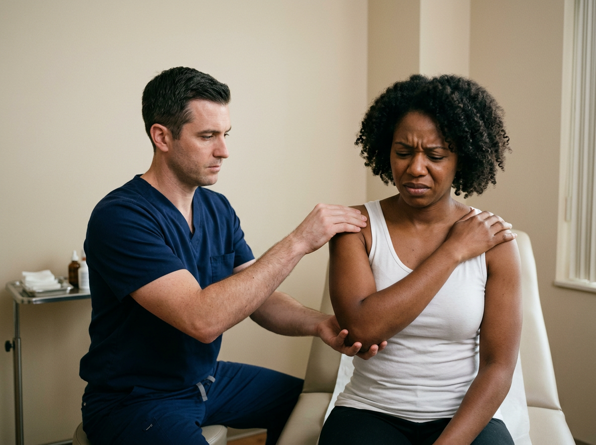 A clinician pressing on the AC joint while a Black female veteran crosses her arm across her body during the cross-body adduction test