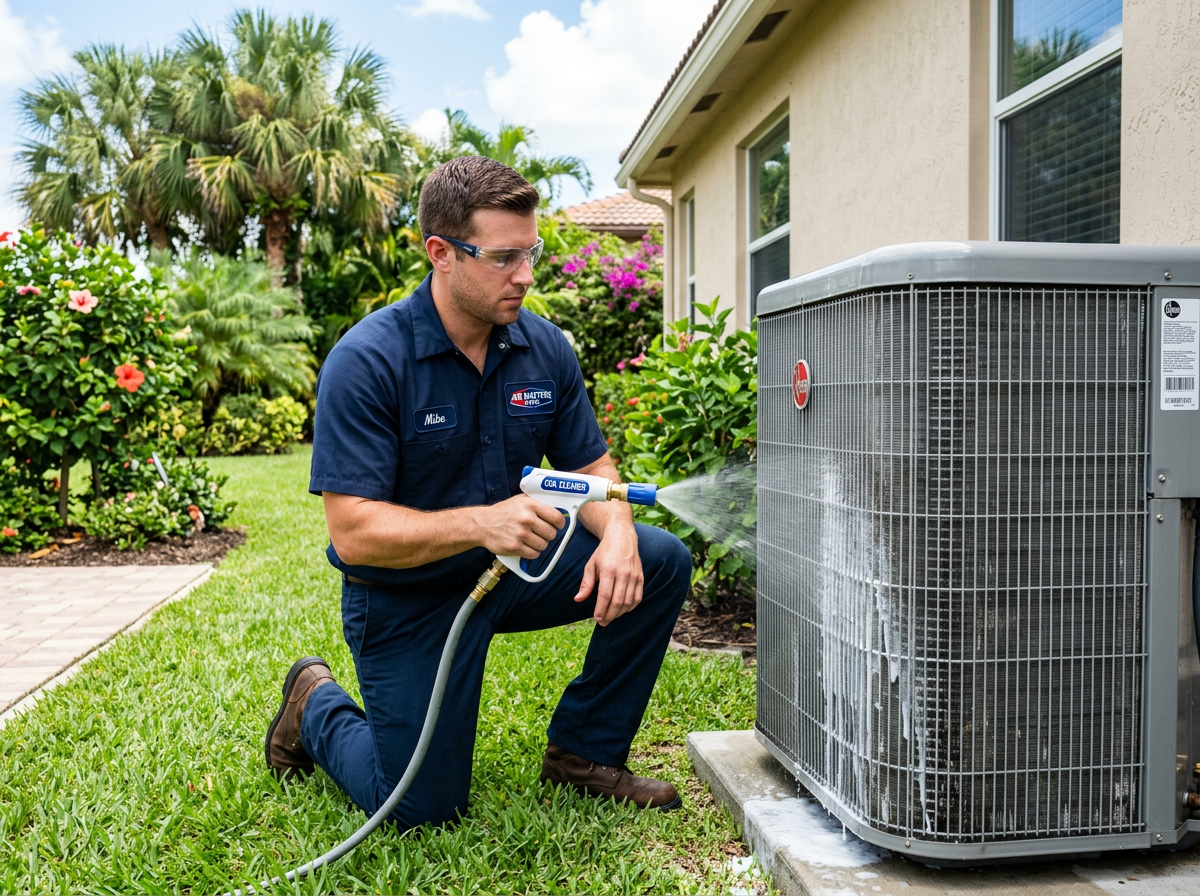 HVAC technician professionally cleaning a residential outdoor condenser coil
