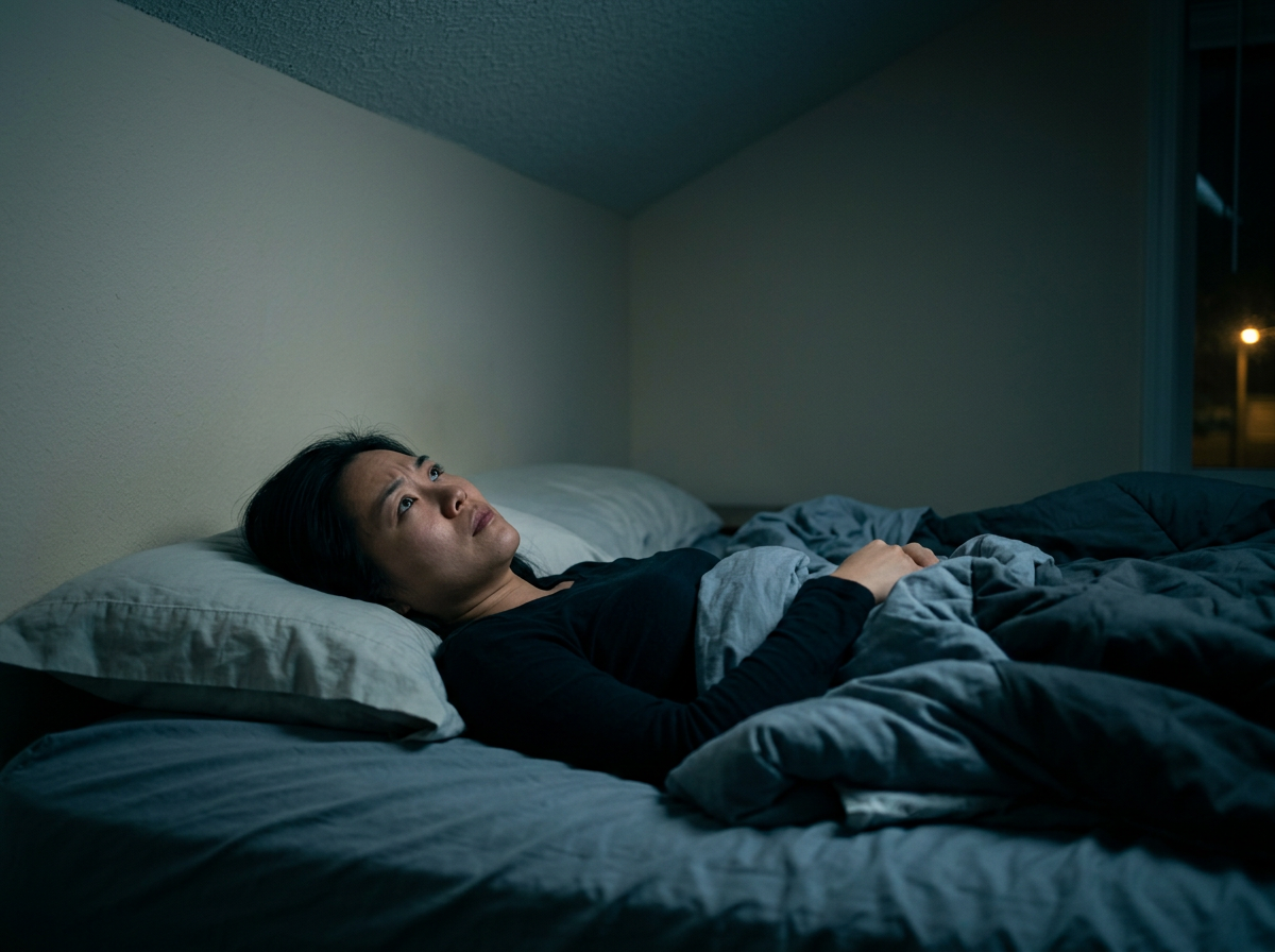 East Asian female veteran lying awake in bed at night unable to sleep