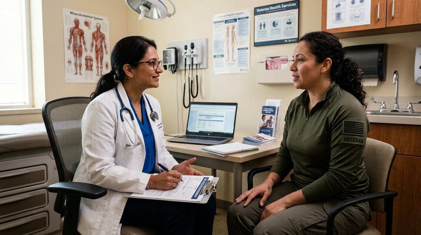 A woman veteran in a private consultation with a female physician