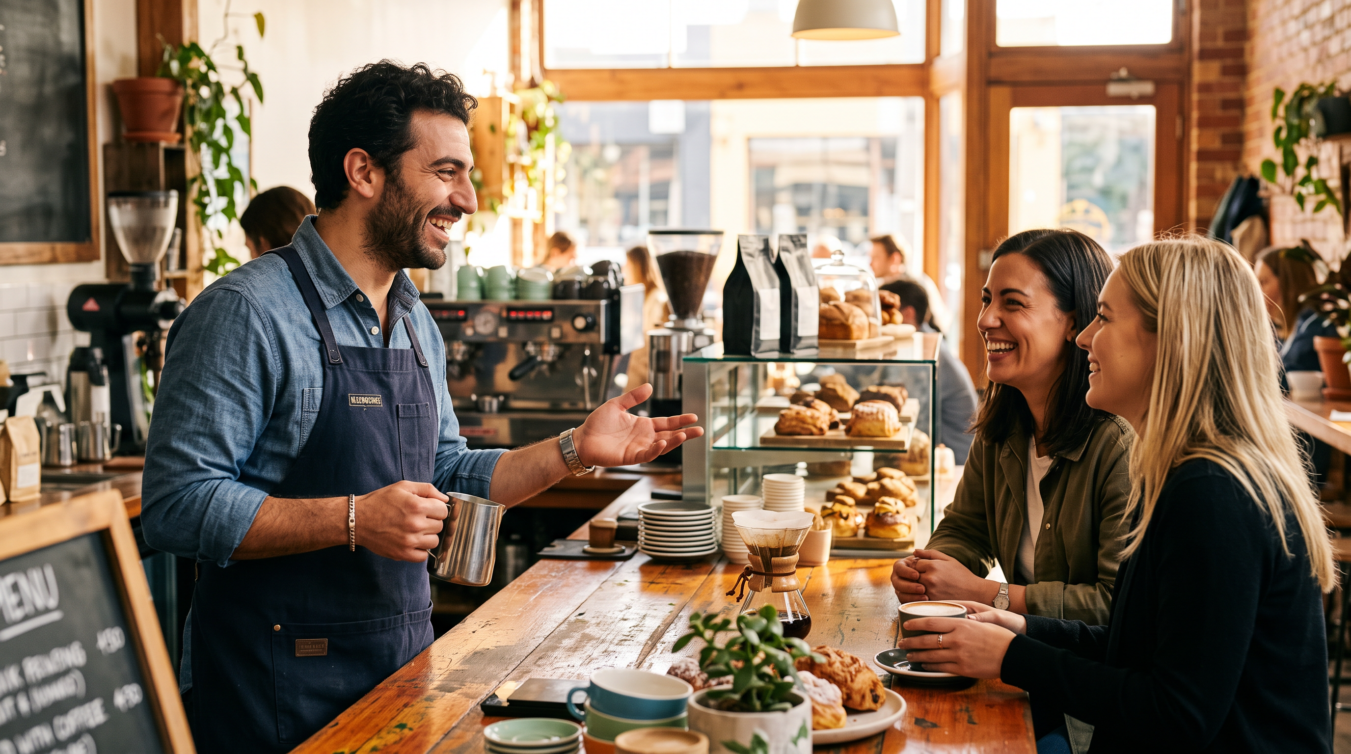 A Greek-background cafe owner talking warmly with customers in a sunlit Melbourne cafe