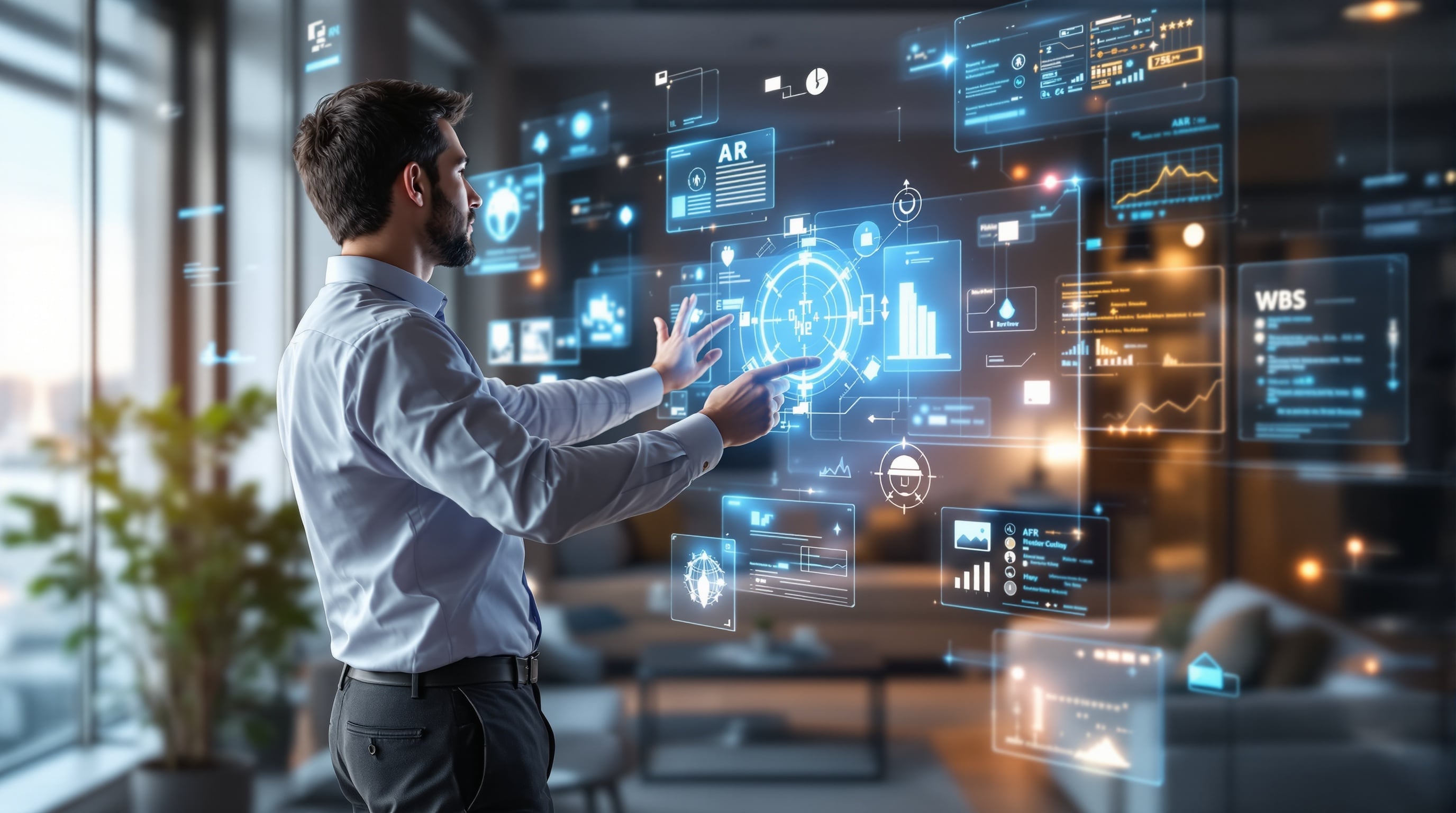 Muškarac koristi hologramski interfejs i digitalne ekrane u futurističkom okruženju