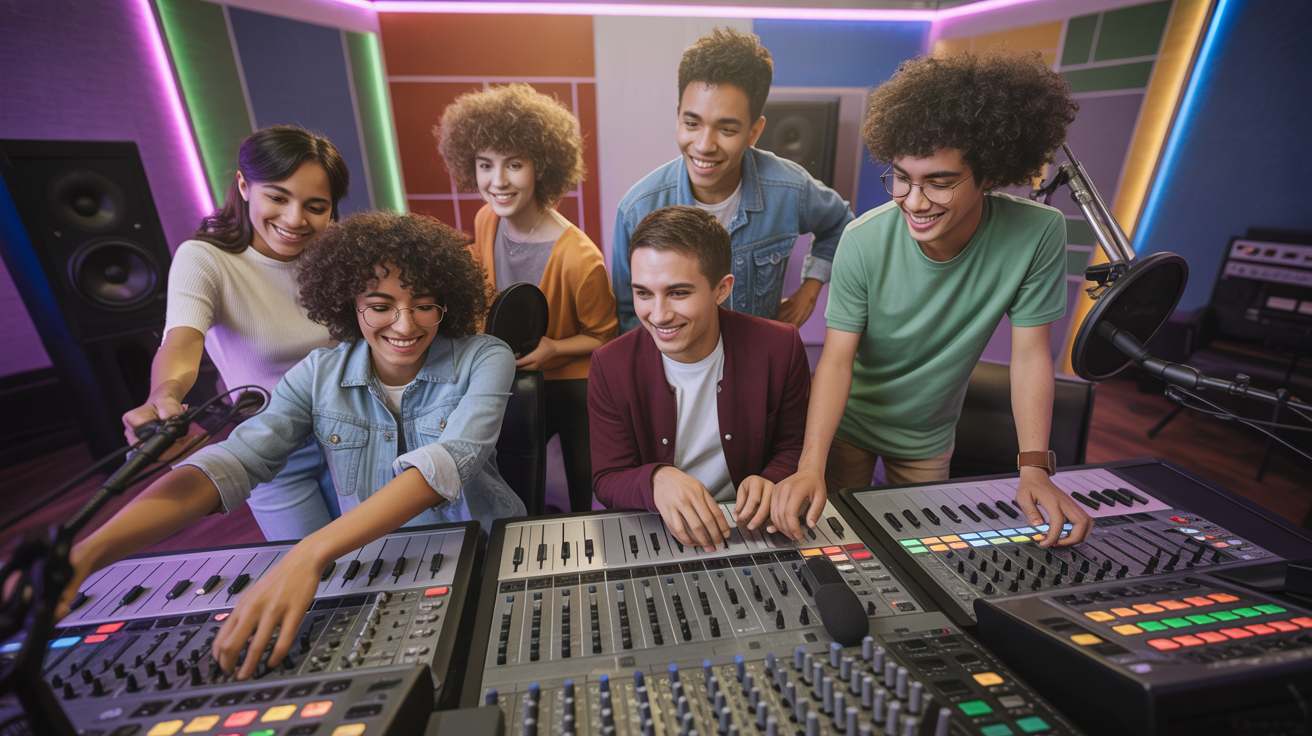 Diverse young people collaborating in a modern music recording studio