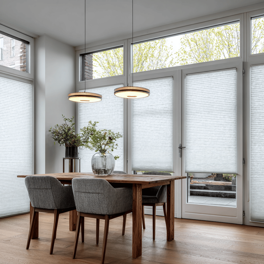 Eetkamer met lichtdoorlatende plisségordijnen.