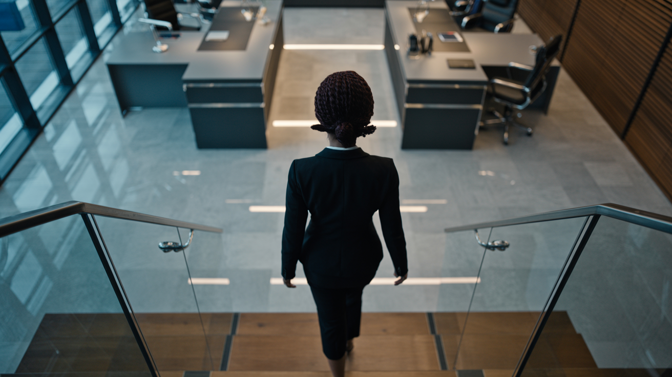 Professional Black Female Lawyer Walking Through Luxurious Office - Bird's Eye View