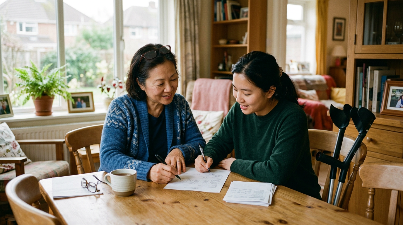 A mother and her adult daughter with forearm crutches filling out a form together at the dining table