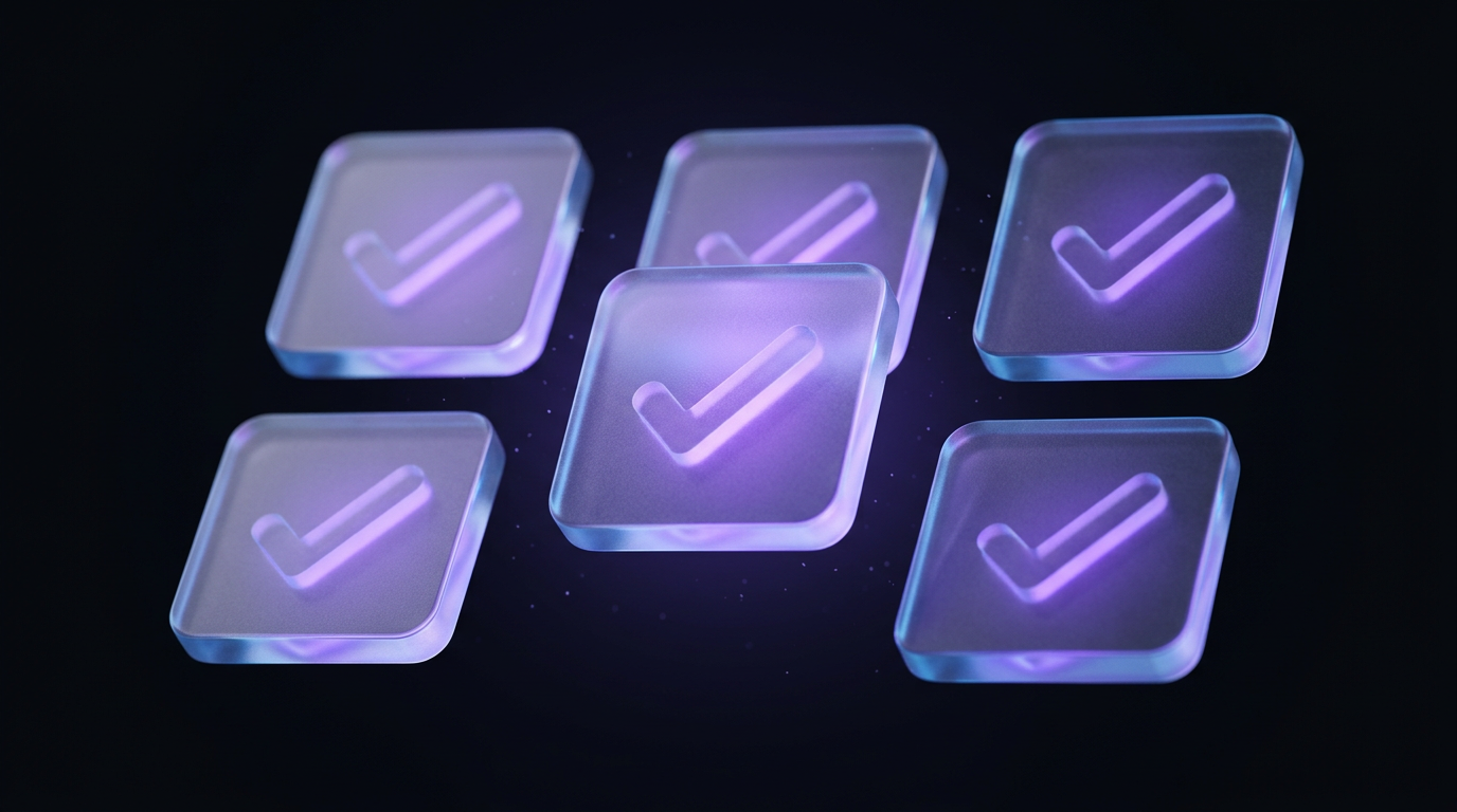 Six glowing violet frosted glass tick tiles arranged in a loose grid in the dark, representing six checks for judging whether an SEO retainer is delivering value