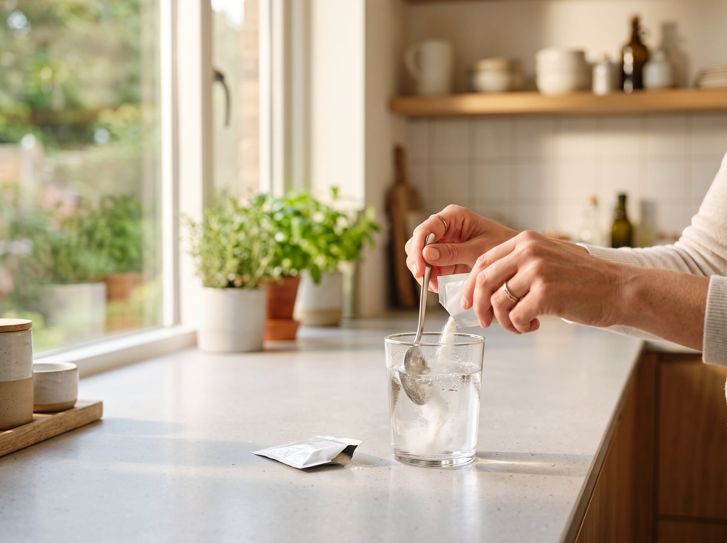 Hands stirring a powder sachet into a glass of water in a bright kitchen