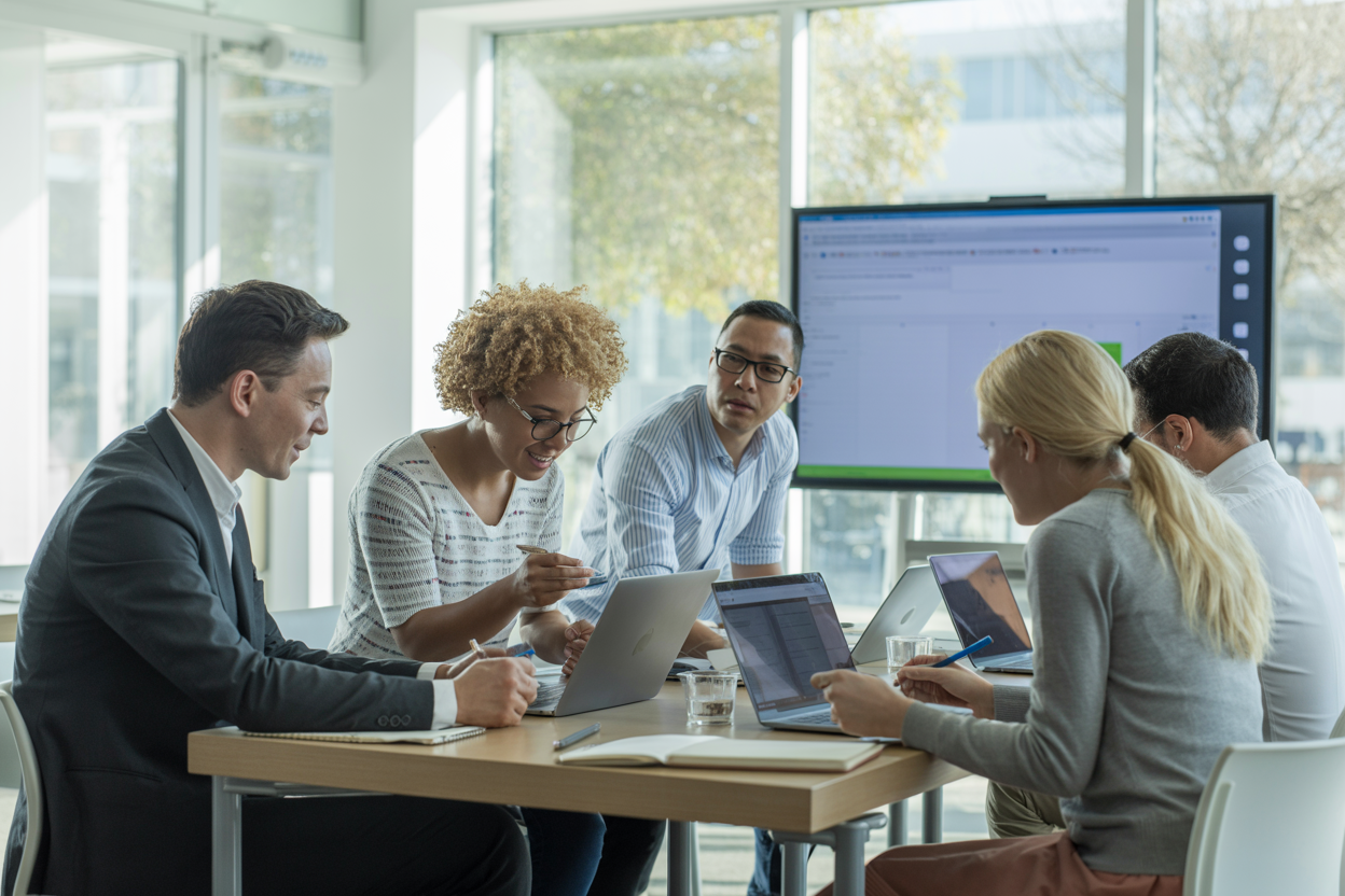Modern workshop with professionals learning around laptops