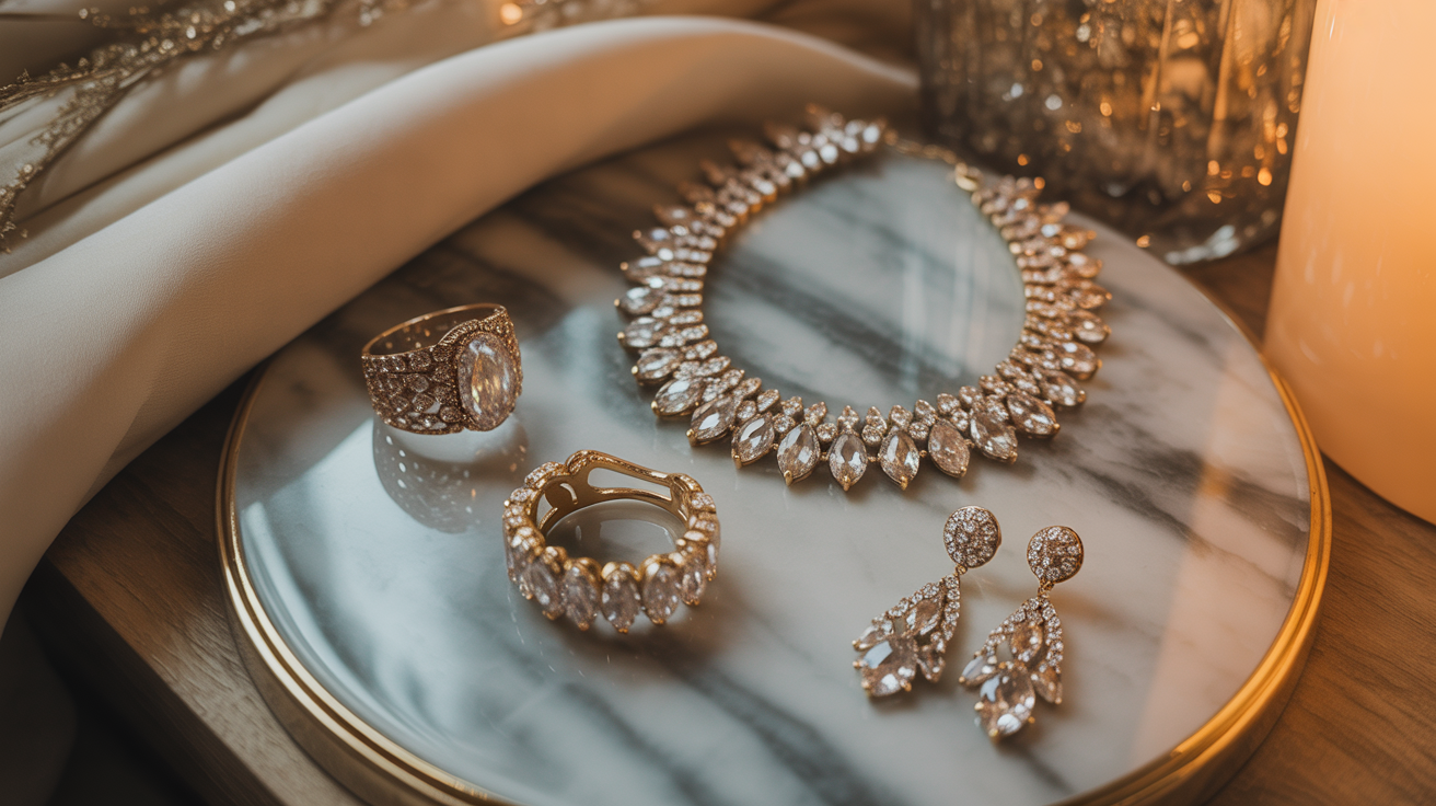 Luxury jewelry arranged on marble surface with golden lighting