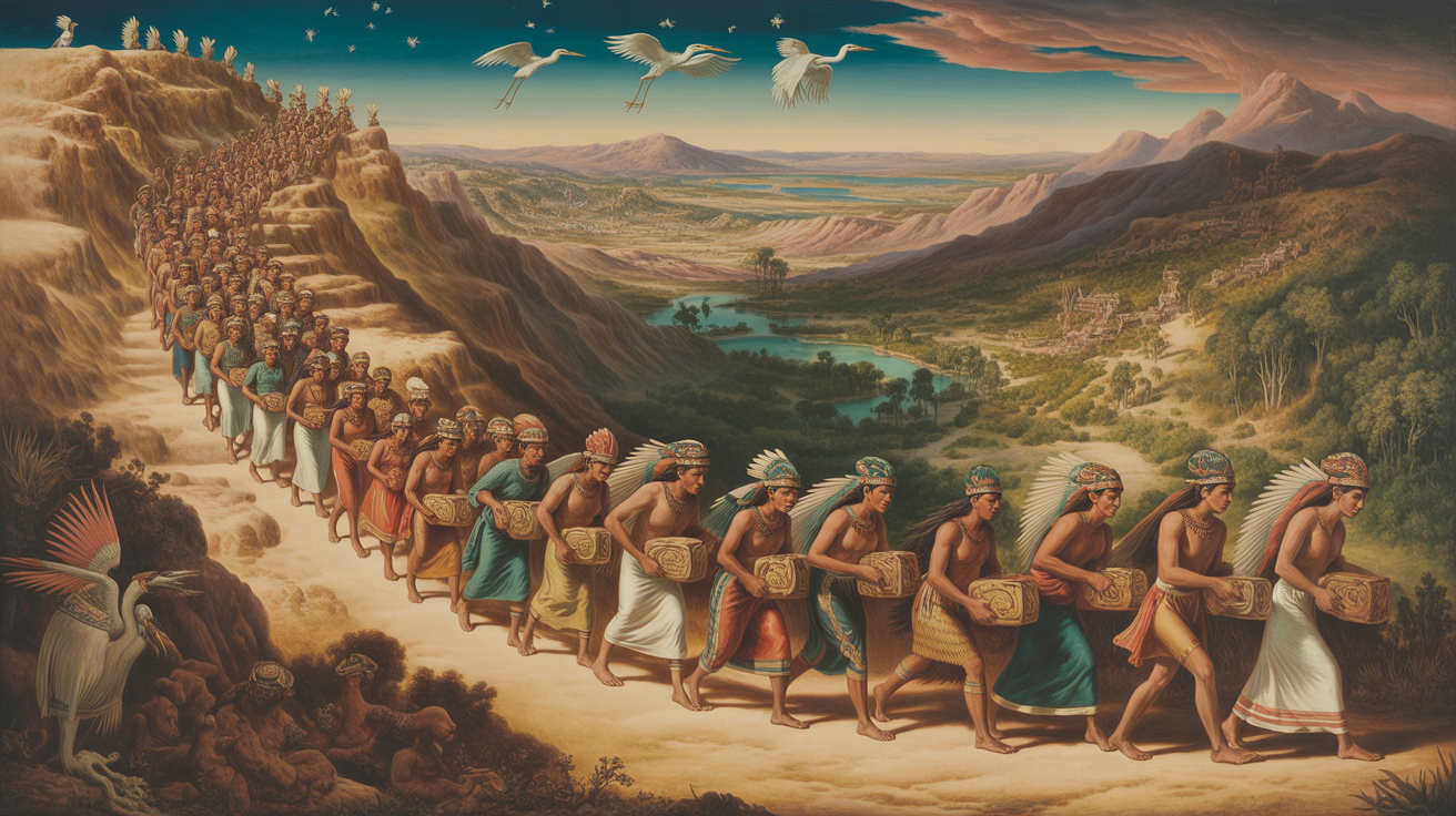 Museum-quality painting of the Aztec migration from Aztlan, showing a procession of people following celestial signs through dramatic landscapes