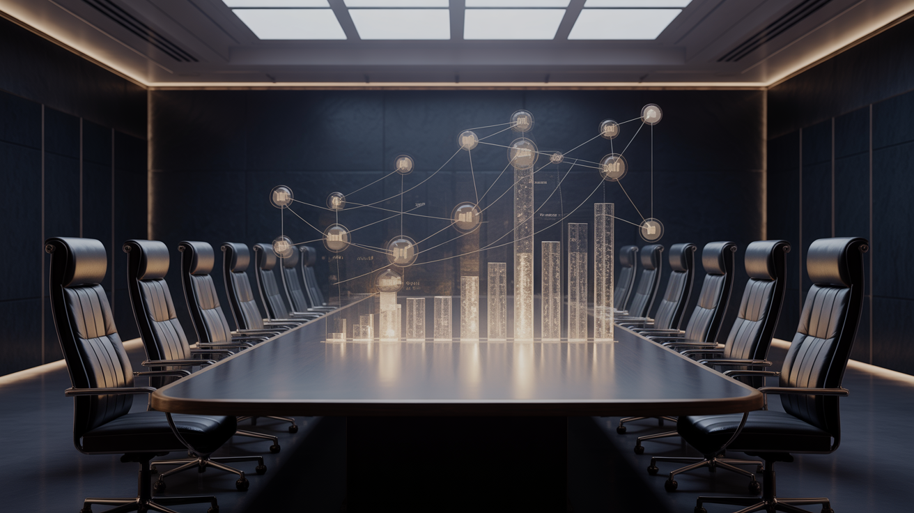 Luxuriöser Vorstandsraum mit holographischer Strategie-Visualisierung in Gold