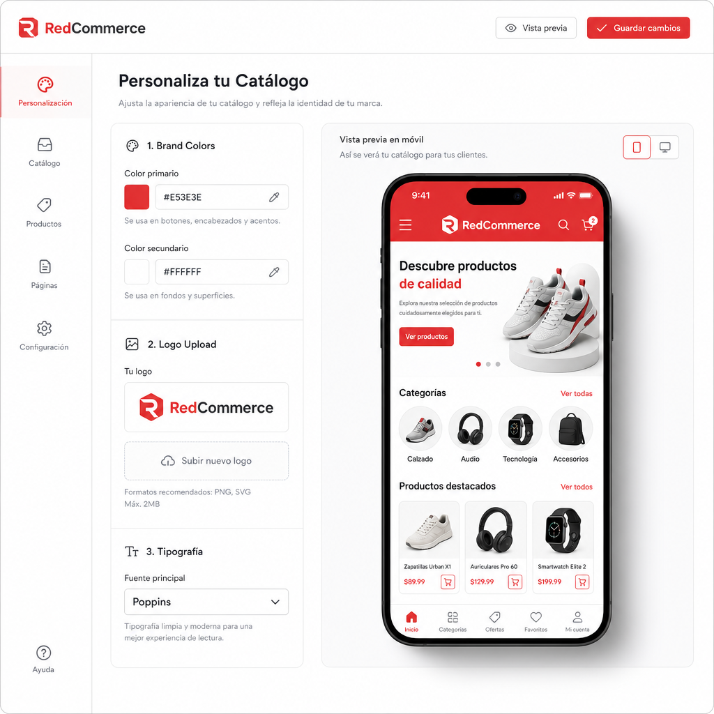 Interfaz de personalización del catálogo con colores, logo y vista previa